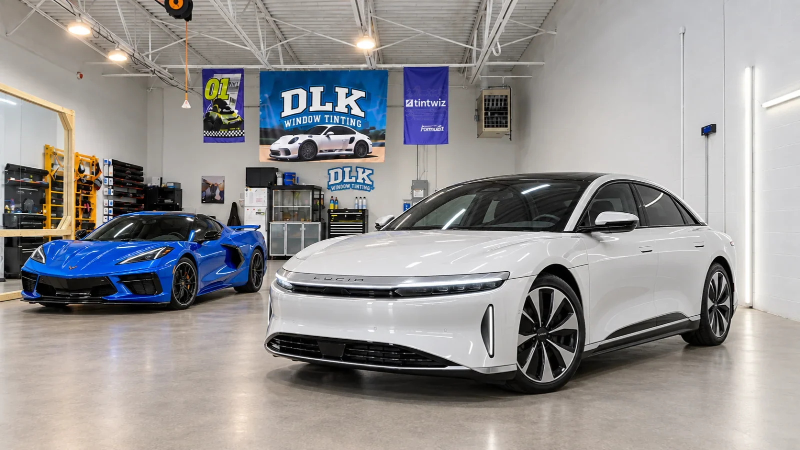 White Lucid Air with tinted windows and a blue Corvette in the DLK workshop
