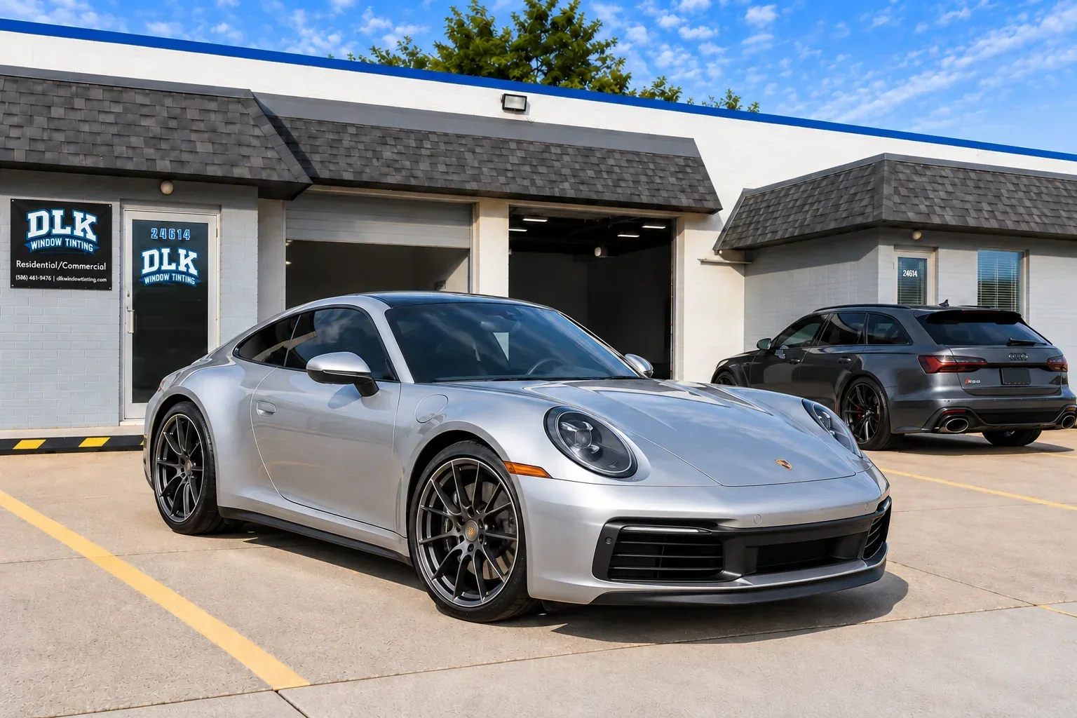Silver Porsche 911 with tinted windows outside the DLK unit