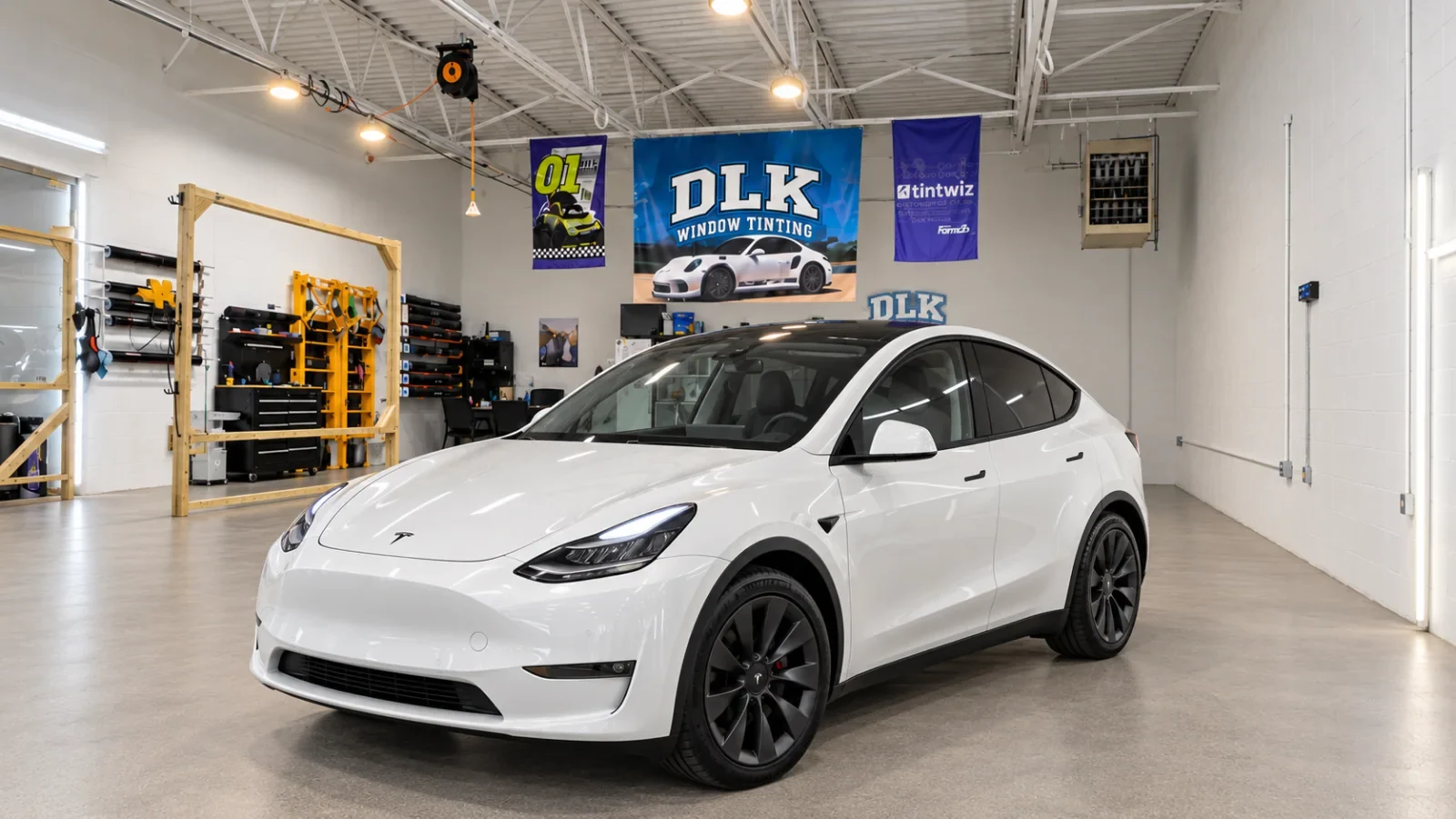 White Tesla Model Y with tinted windows inside the clean DLK workshop