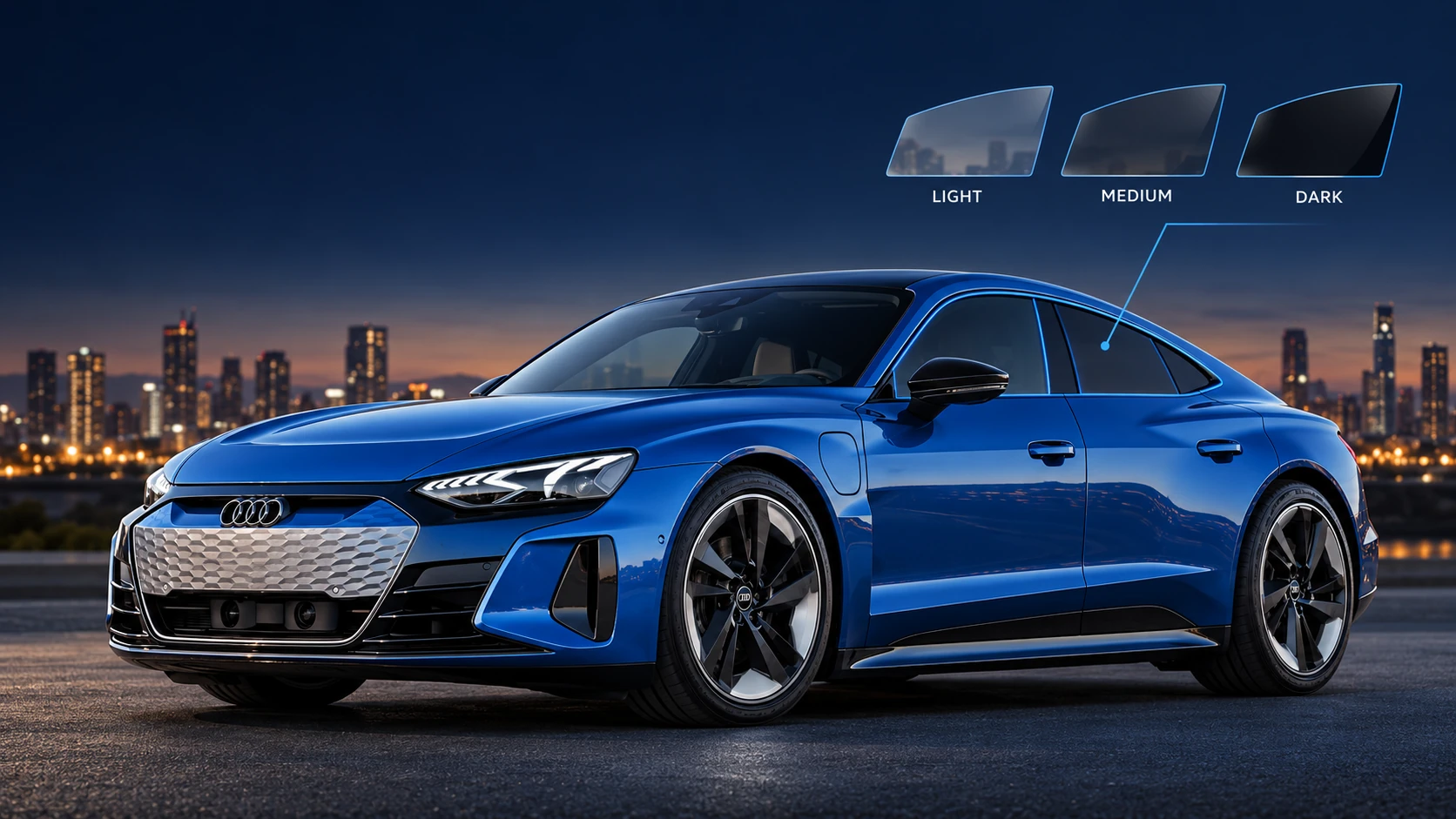 Blue Audi e-tron GT with an illustrative light, medium and dark window tint comparison